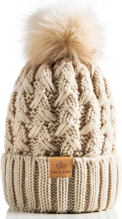 Womens Warm  Ribbed Beanie Crossed Cap  Cable Knit Pompom Soft Stylish Hat
