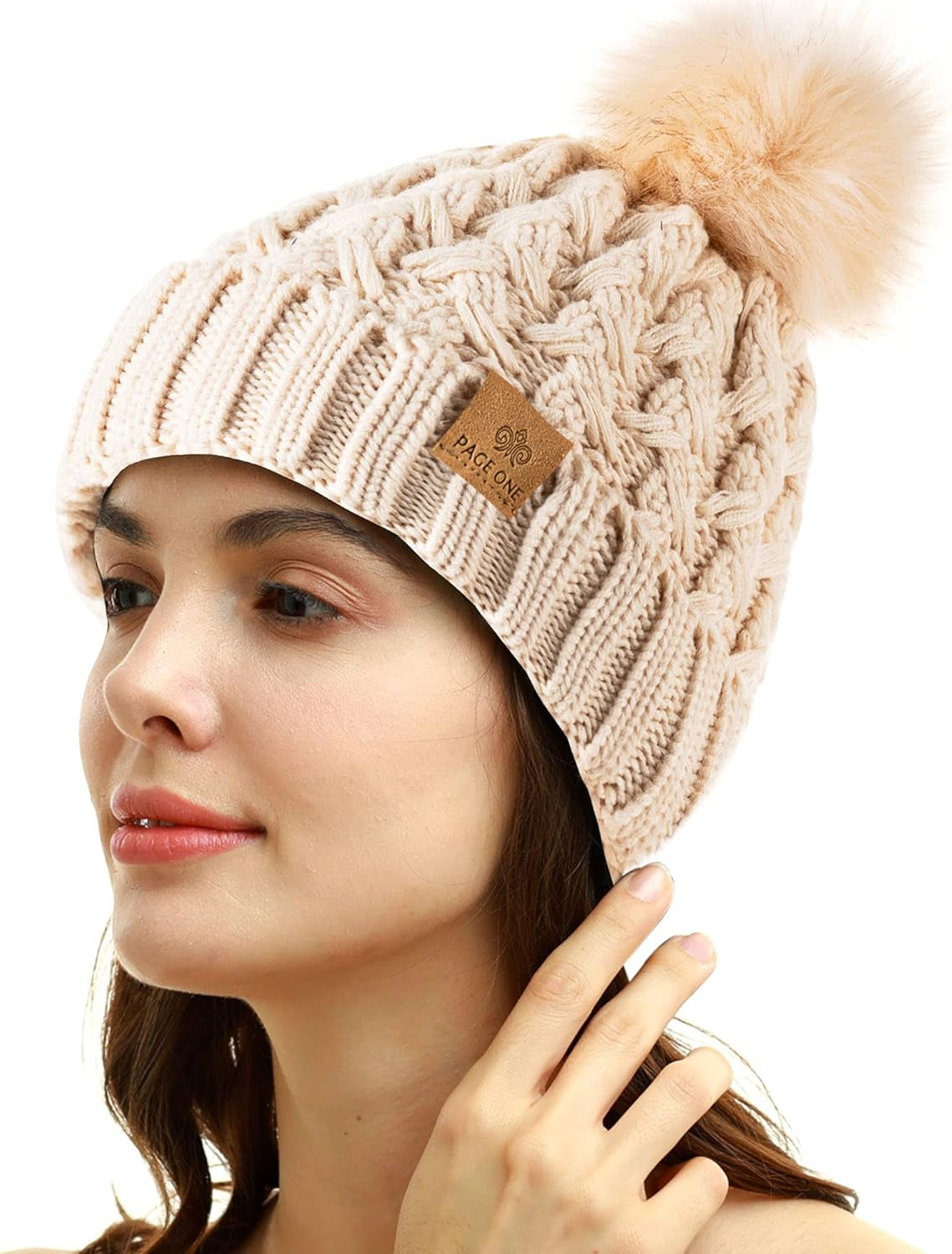 Womens Warm  Ribbed Beanie Crossed Cap  Cable Knit Pompom Soft Stylish Hat