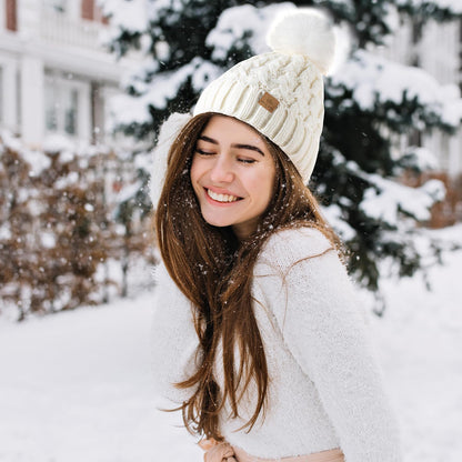Womens Warm  Ribbed Beanie Crossed Cap  Cable Knit Pompom Soft Stylish Hat